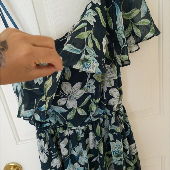 Eliza J Cocktail One Shoulder Dress Blue Floral Ruffle - Picture 3 of 9